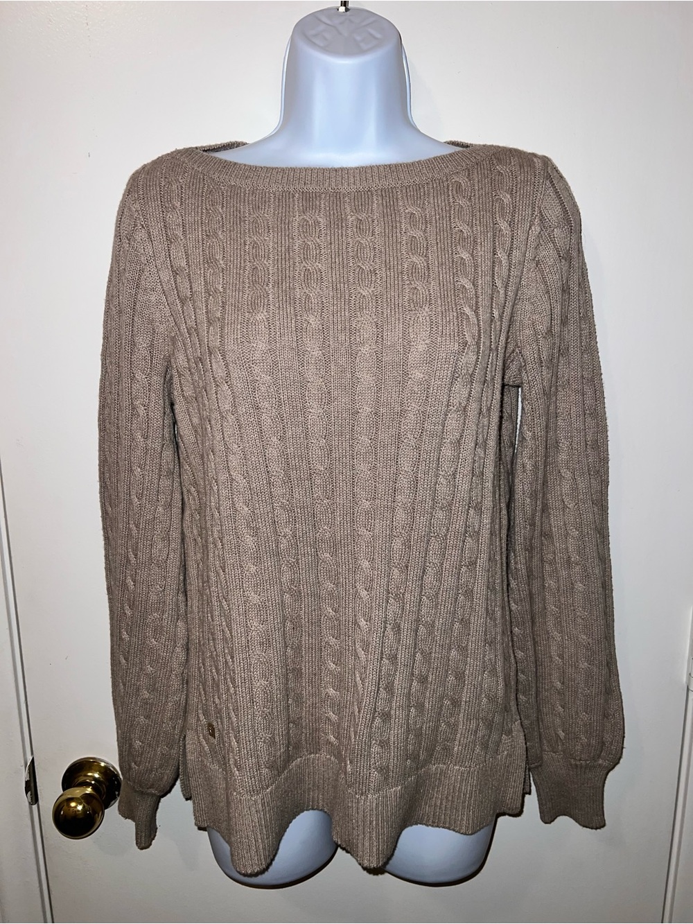 Ralph Lauren Classic Cable-Knit Crewneck Sweater in Taupe - Picture 2 of 8